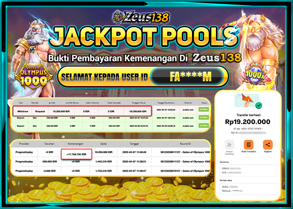 ZEUS138 JACKPOT GATES OF OLYMPUS 1000  Rp.19.200.000,- LUNAS