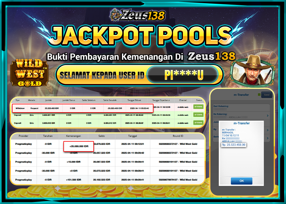 ZEUS138 WILD WEST GOLD Rp.25.523.458,- LUNAS