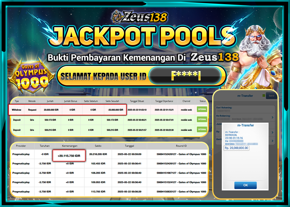 ZEUS138 GATES OF OLYMPUS 1000 Rp.20.000.000,- LUNAS